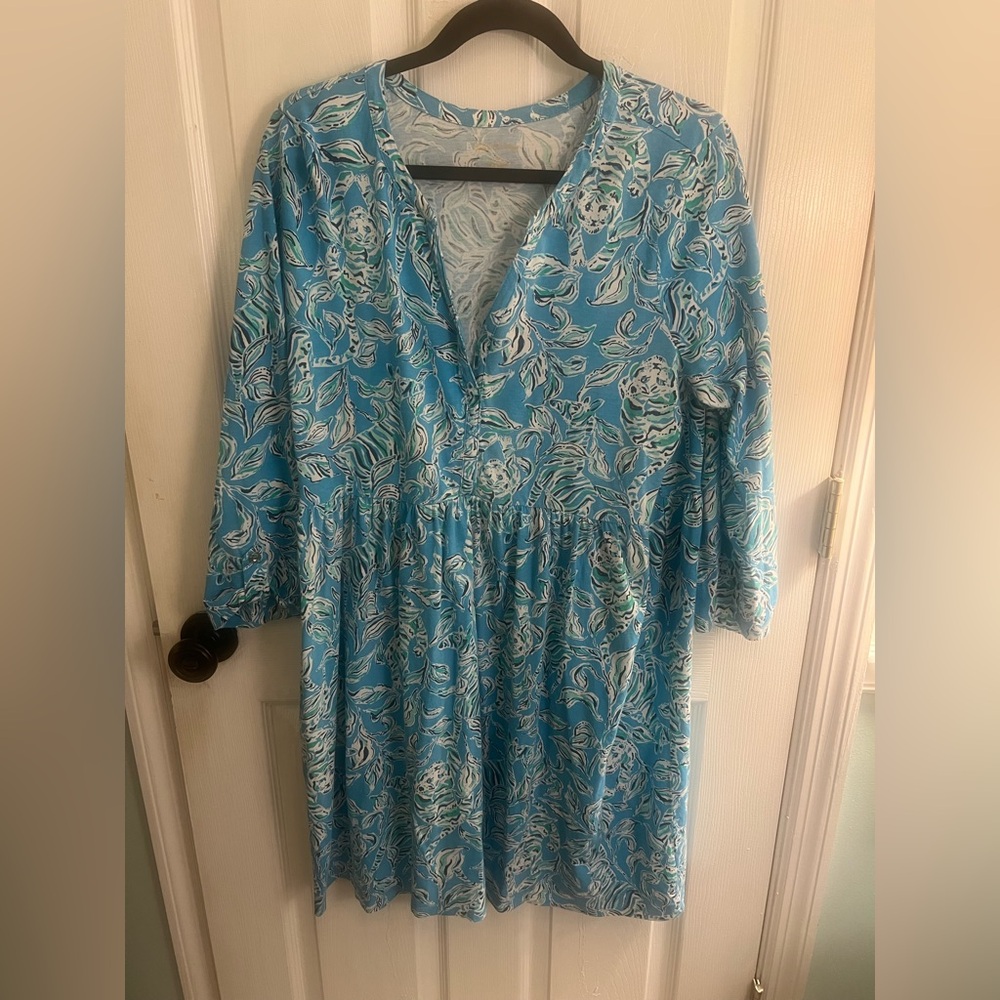 Lilly Pulitzer Turquoise Blue & White Floral V-Neck Tunic sz xl
